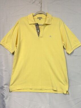 Burberry Polo Shirt Mens Medium Yellow Cotton Tartan Plaid Trim Short Sleeve